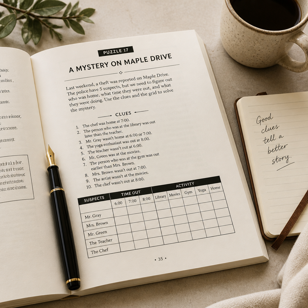 Open logic mystery puzzle book with pen and coffee on a clean desk