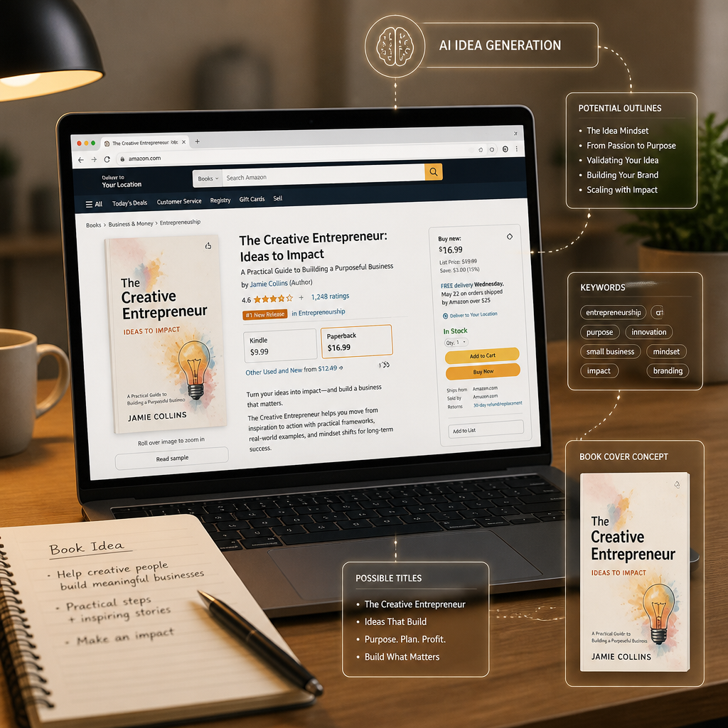 Workspace with browser showing an Amazon page and AI-generated book ideas overlay