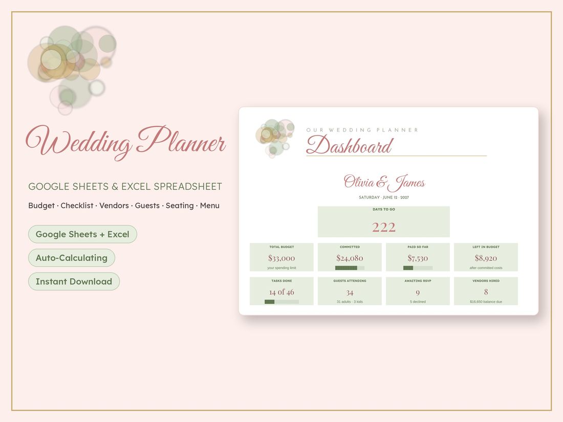 Etsy main listing photo for a wedding planner spreadsheet